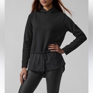 Athleta Gallery Black Tunic Hoodie Drawcord Waist Hybrid Knit Top size large